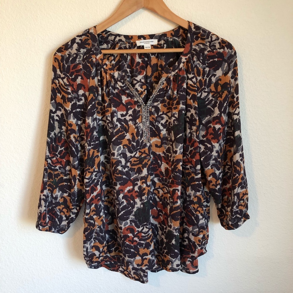 beachlunchlounge patterned beaded 3/4 sleeve top